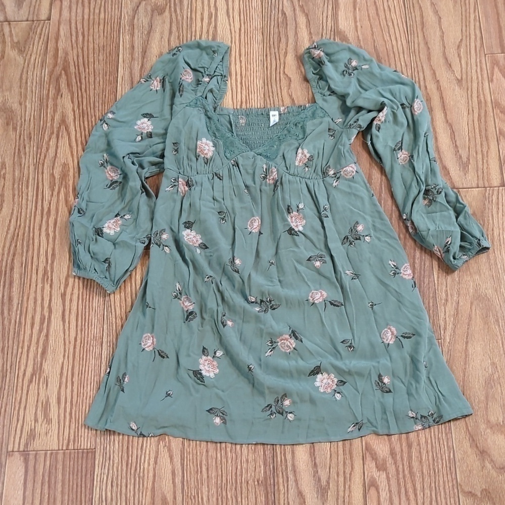 BP green lace-trim long-sleeve floral babydoll cottagecore mini dress, women's S
